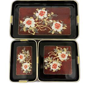 Vintage Japanese Art Black Floral Plastic Serving Trays Set L M S Decor